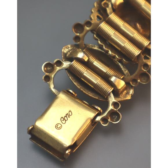 Coro Fleur de Lis Bracelet Orange Open Setting Rhinestones Pearls - Picture 7 of 7